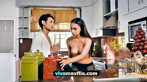 Topless Asian beauty in black panties with man in robe, Vivamax nude kitchen tease