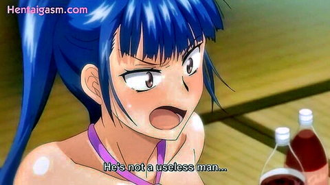 Blue-haired hentai girl with shocked expression, topless exposing breasts in Joshi Luck