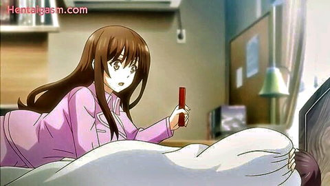 Hentai magical girl Christhea in pink pajamas on bed, holding red object, surprised face