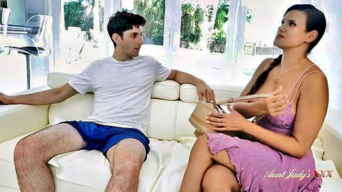 Penny Barber in pink lingerie dress, slow erotic tease with young man