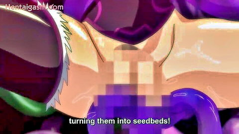 Purple-haired hentai girl tentacle penetrated in censored seedbed scene