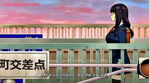 Busty anime schoolgirl in sailor uniform on platform at sunset, hentai scene