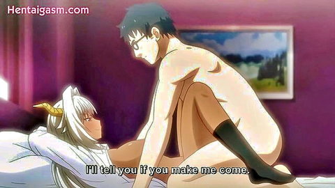 Hentai demon girl with white hair and horns in explicit sex scene with glasses guy, Enjo Kouhai 8