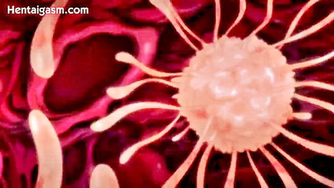 Hentai anime thumbnail: microscopic cellular scene with spiky virus-like cell in red bloodstream