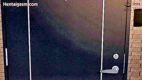 Hentai anime thumbnail of a sleek black door entrance, teasing entry to steamy scene