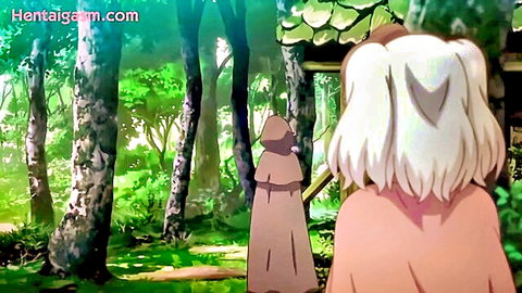 Hentai Colette with long white hair in pink dress approached by hooded figure in forest