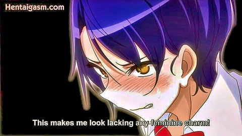Frustrated anime schoolgirl with purple hair in uniform, hentai scene lacking feminine charm