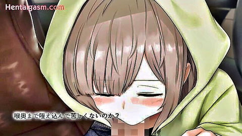 Hentai runaway girl with plump body in hood giving blowjob close-up