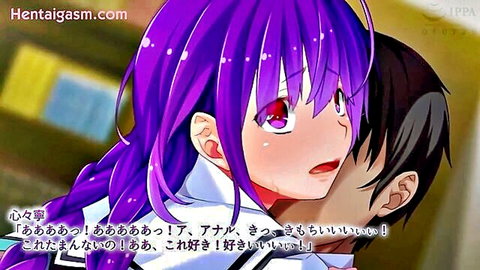 Purple-haired anime schoolgirl surprised by black-haired boy in hentai scene