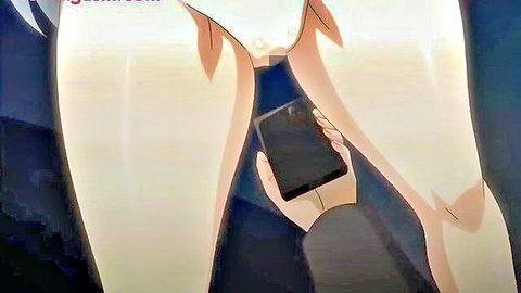 Busty white-haired hentai girl Christhea exposes huge tits holding phone low