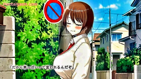 Hentai boyish girl in tight school uniform showing off large breasts outdoors