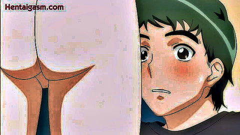Hentai scene of green-haired guy blushing while peeking at big white anime ass