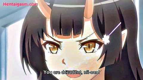 Hentai anime girl with demon horns and black hair says 'You are decadent, nii-san!' in Enjo Kouhai