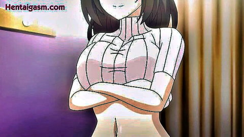 Hentai cosplay anime girl in open white top, big breasts and cleavage