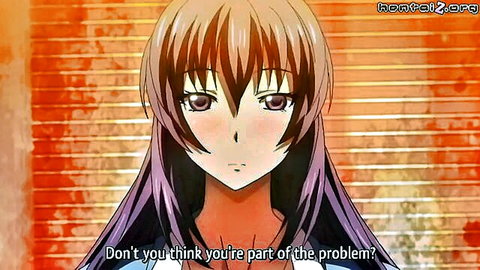 Anime busty housewife in uniform confronts viewer, serious expression