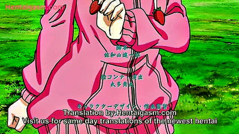 Anime girl in pink hoodie holding strawberries in hentai scene