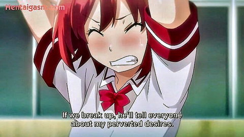 Blushing red-haired tsundere schoolgirl in uniform, embarrassed hentai scene from Tsundero 1