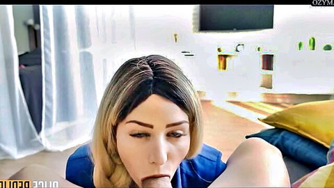 Blonde woman in blue dress giving blowjob in cumshot compilation