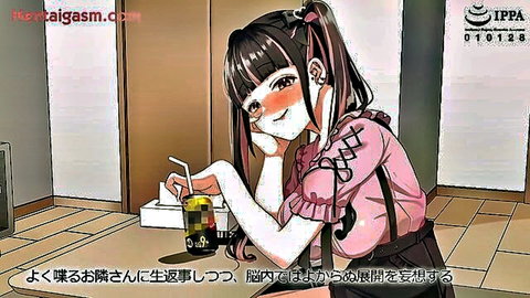 Blushing anime girl with black twintails in pink frilly outfit holding drink, hentai thumbnail