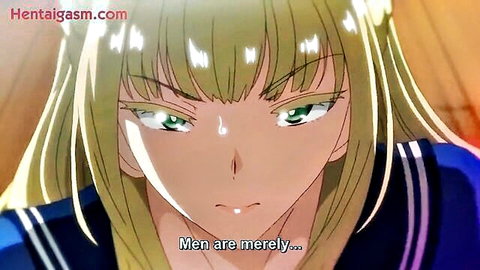Blonde anime schoolgirl with green eyes in intense gaze, hentai close-up