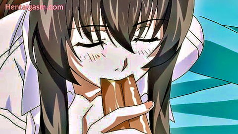 Hentai girl with long brown hair sucking thick chocolate bar with pleasured eyes closed