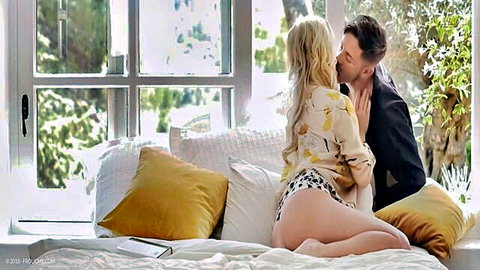 Blonde hot mom in romantic kiss with lover, intimate couple embrace