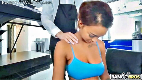 Ebony babe in tight blue tank top gets neck groped by man in kitchen