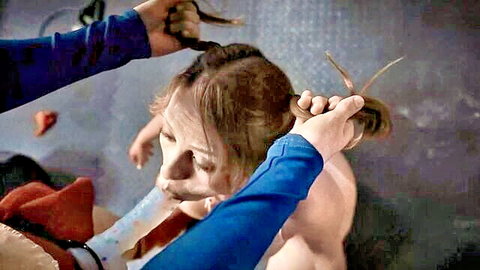 Woman with brown hair held back during intense oral sex with large pink toy