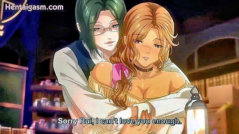 Green-haired anime guy hugs topless blonde hentai babe with massive exposed tits from behind