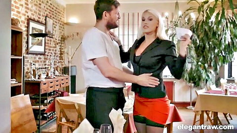 Curvy blonde babe in black blazer red mini skirt stockings groped by man in kitchen big tits cleavage