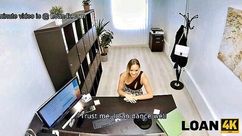 Lucette Nice in seductive office desk dance tease, blonde model in dress for LOAN4K