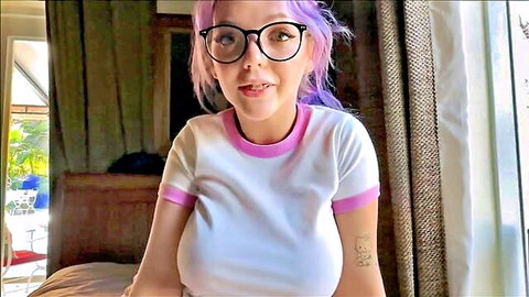 Goth Charli O in tight white top with pink trim, big tits cleavage, seductive smile