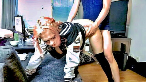 Amadani bent over doggystyle in varsity jacket, pink hair, stockings, ready for hard fuck from behind