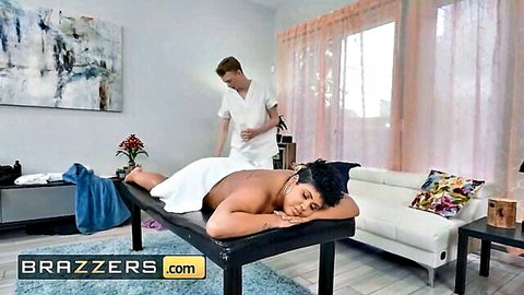 Simone Richards enjoys sneaky massage with hot masseur