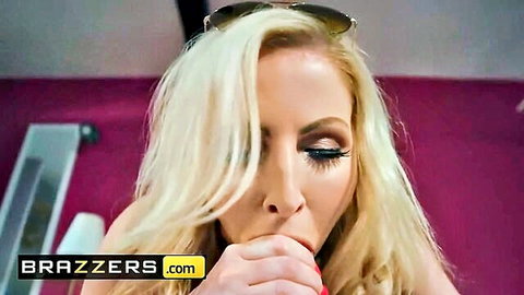 Blonde MILF Georgie Lyall giving intense blowjob to big cock