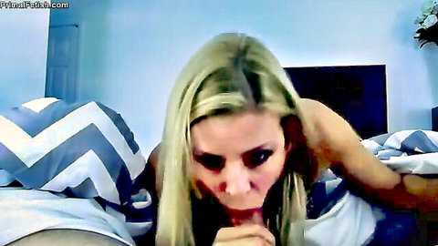 Blonde curvy MILF with big tits sucking cock deepthroat on bed
