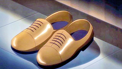 Shiny brown anime oxford shoes on blue floor entrance teasing foot fetish