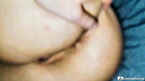 Close-up of brunette's ecstatic face with open mouth during intense choking fuck