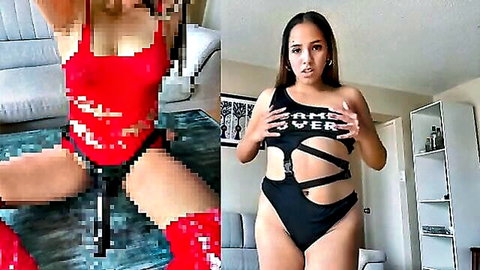 Latina in red strappy lingerie spreads legs with black dildo teased and poses game over in black cutout bodysuit