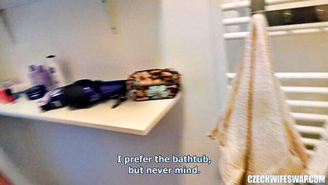 Two Czech women in bathroom with toys, teasing for wife swap