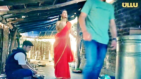 Indian MILF in red saree teases in rural setting