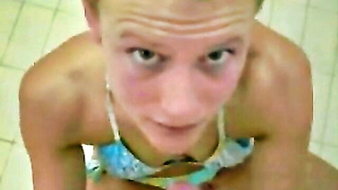 Blonde German girl in blue bikini giving intense poolside blowjob POV