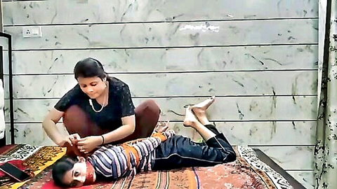 Indian domme hogties bound teen submissive in amateur BDSM on bed