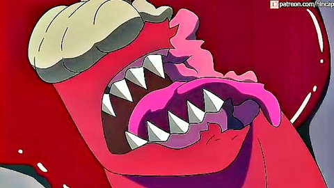 Hentai close-up of monstrous fanged mouth with pink tongue out
