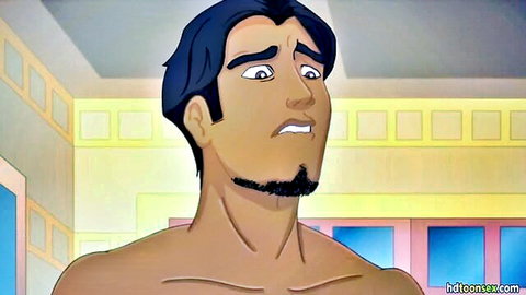 Shocked shirtless muscular cartoon Indian hunk with wide eyes and goatee bulging abs