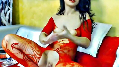 Beautiful Indian babe in red lace lingerie posing seductively, softcore tease