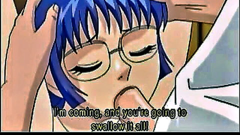 Blue-haired hentai girl with glasses sucking cock, eyes closed as she's face-fucked
