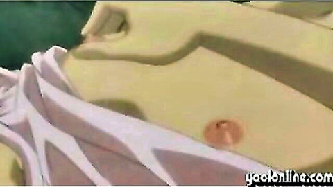 Hentai anime girl exposing perky tit with erect brown nipple through torn white fabric