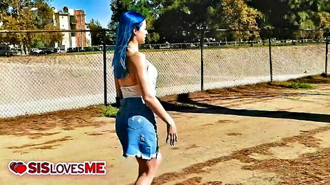 Blue-haired petite stepsister teases in tiny ripped denim shorts and crop top outdoors on court