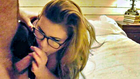 Blonde with glasses eagerly sucking thick cock in intense close-up blowjob